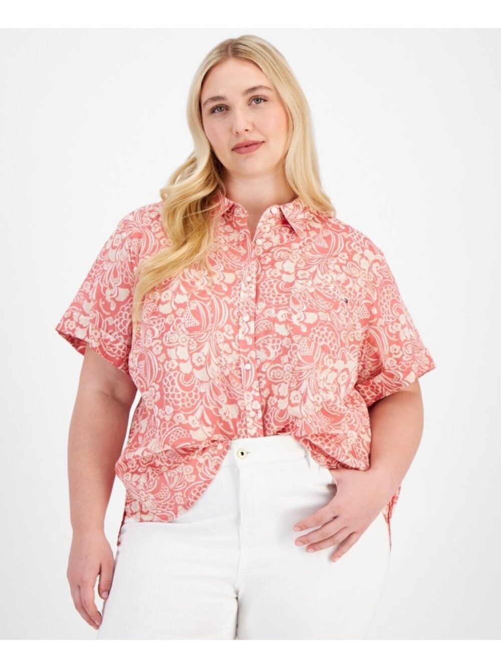 Tommy Hilfiger Cotton Cuffed-Sleeve Camp Shirt Mineral Red Plus Size 3X $60 SALE